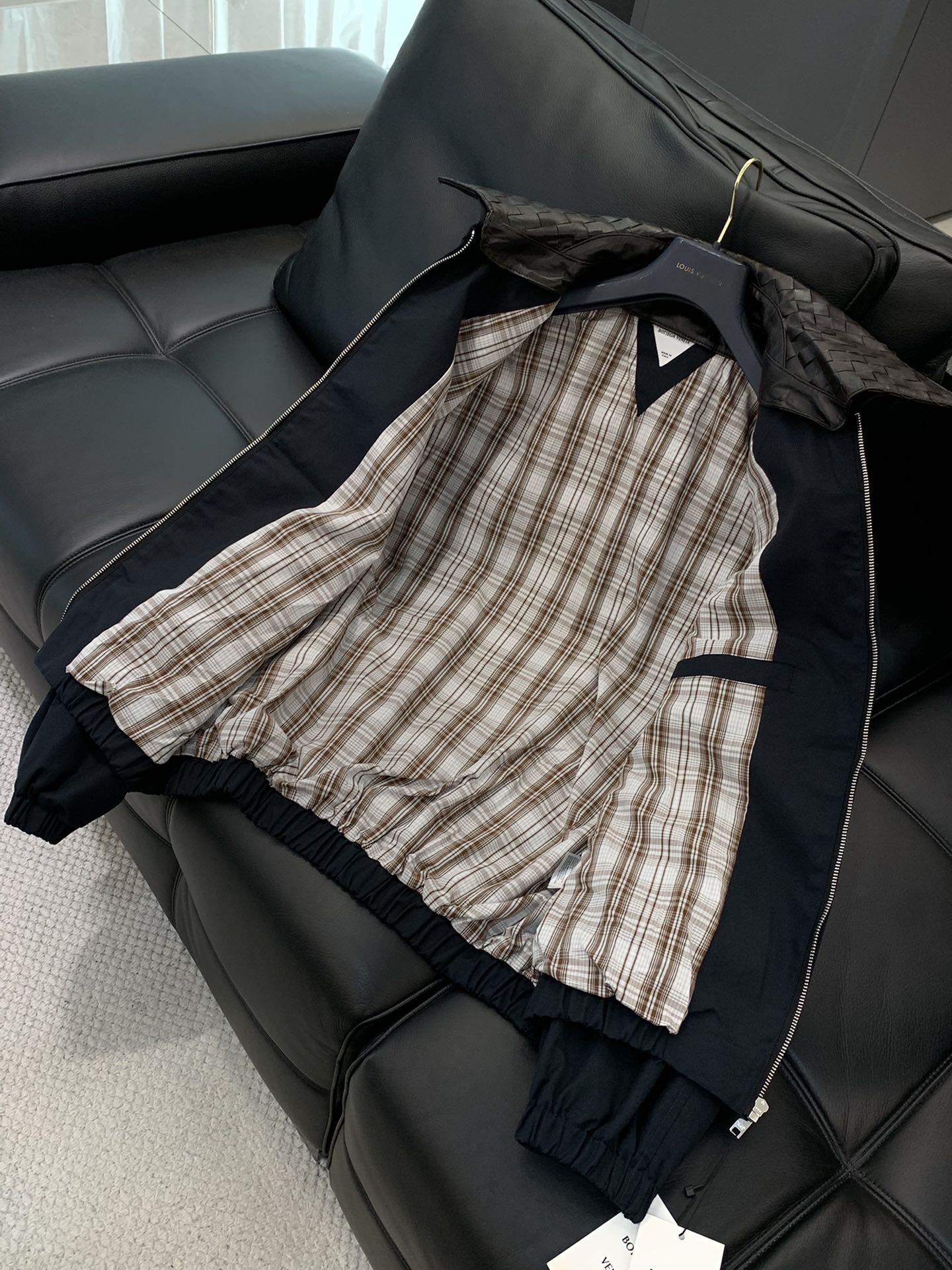 ，Bottega Veneta BV葆蝶家 SS25 Intrecciato编织皮领棉质拉链夹克外套 男