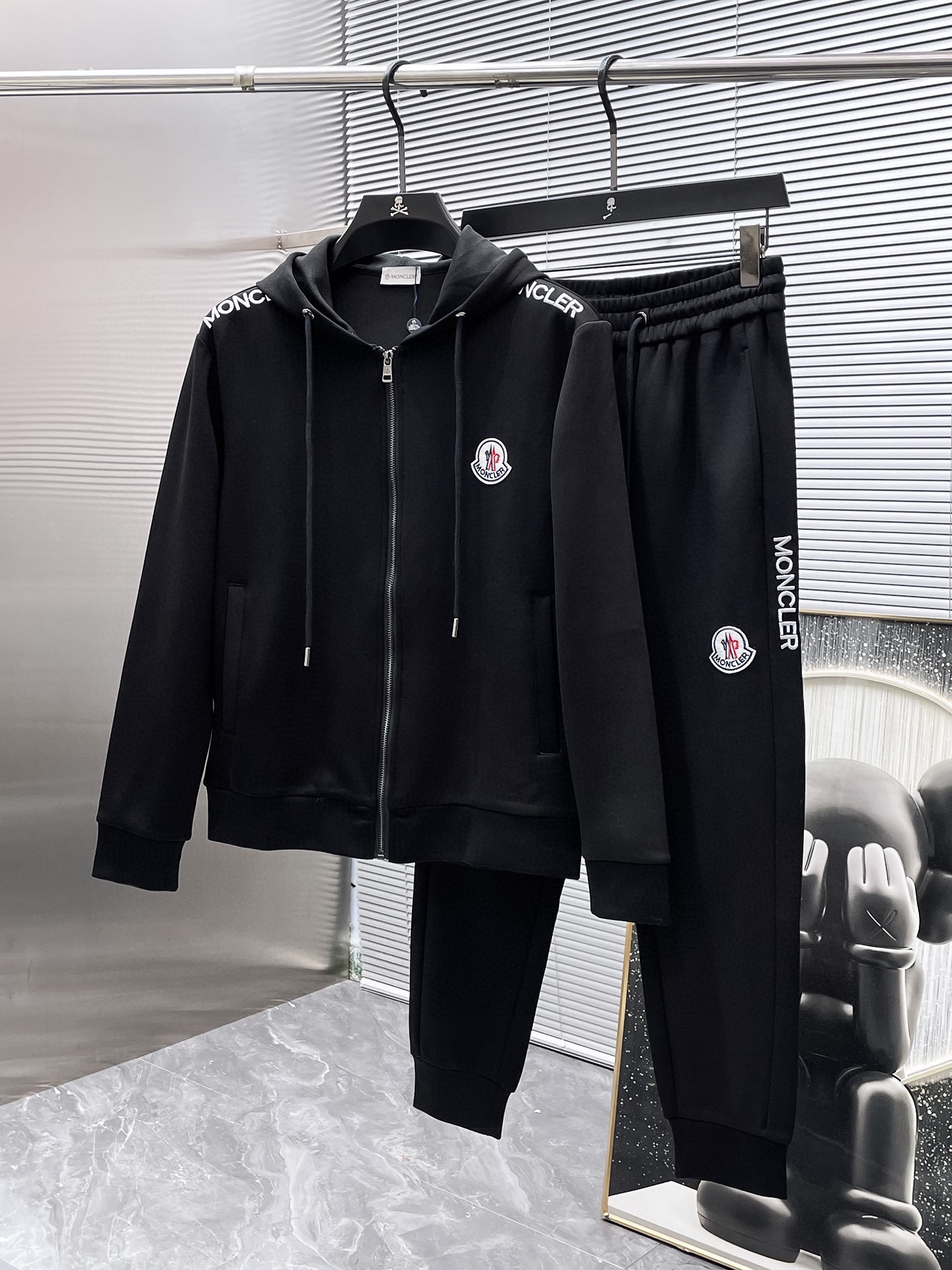 Moncler Men's Black Cotton Blend Logo Zip-Up Hoodie and Tracksuit Set