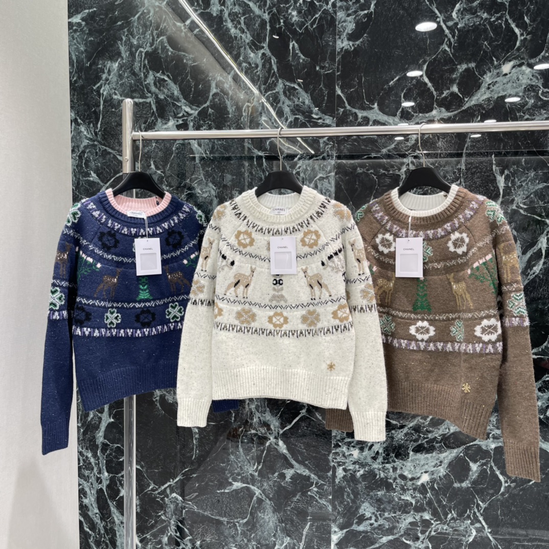 小香 25秋冬新款 麋鹿提花毛衣 米白纱线混入闪亮纤维 光线下bling bling超梦幻 棕白麋鹿 雪