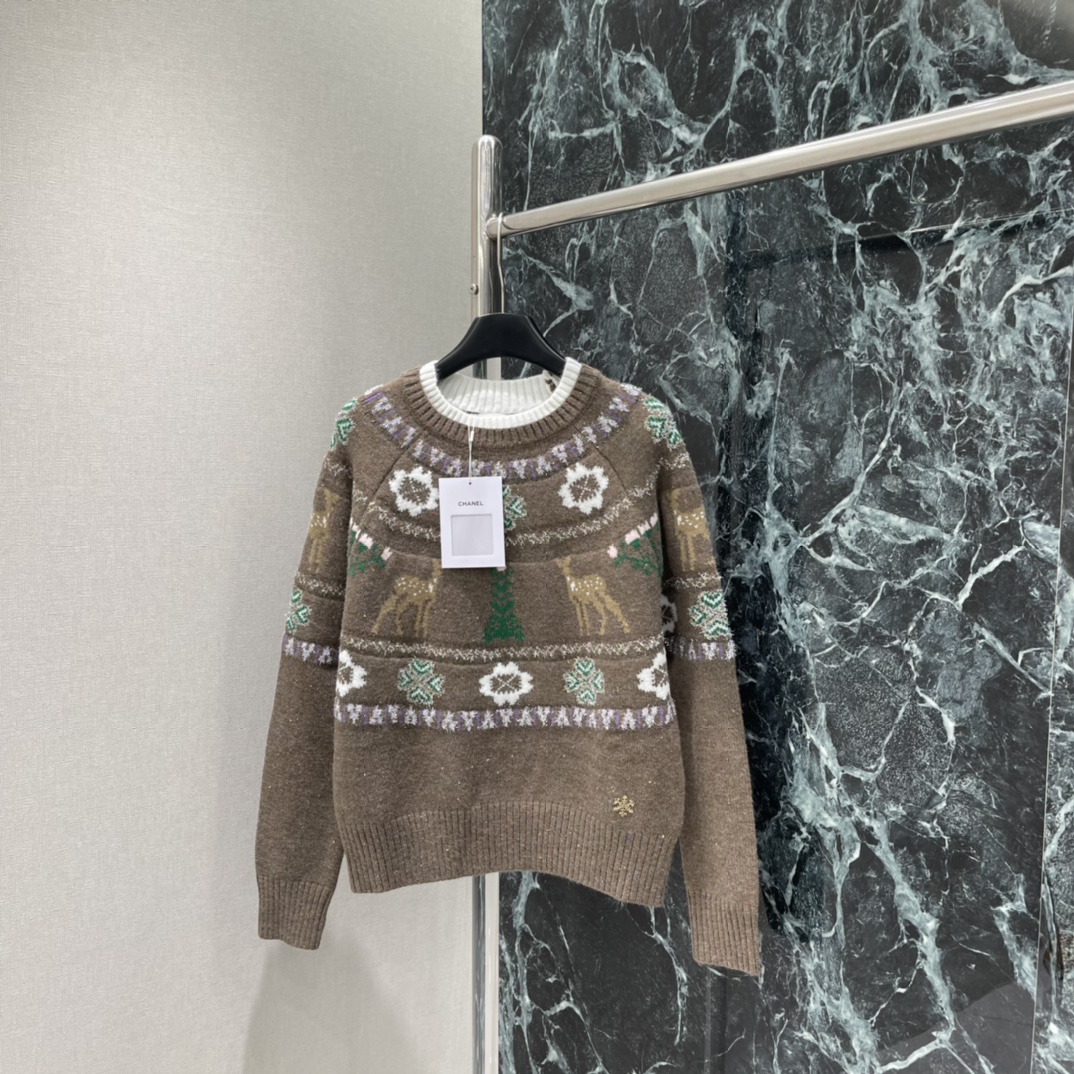 小香 25秋冬新款 麋鹿提花毛衣 米白纱线混入闪亮纤维 光线下bling bling超梦幻 棕白麋鹿 雪