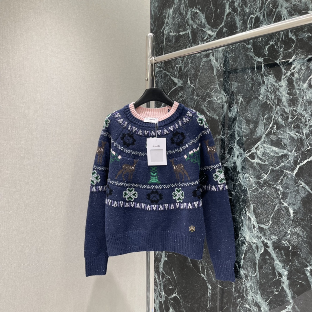 小香 25秋冬新款 麋鹿提花毛衣 米白纱线混入闪亮纤维 光线下bling bling超梦幻 棕白麋鹿 雪