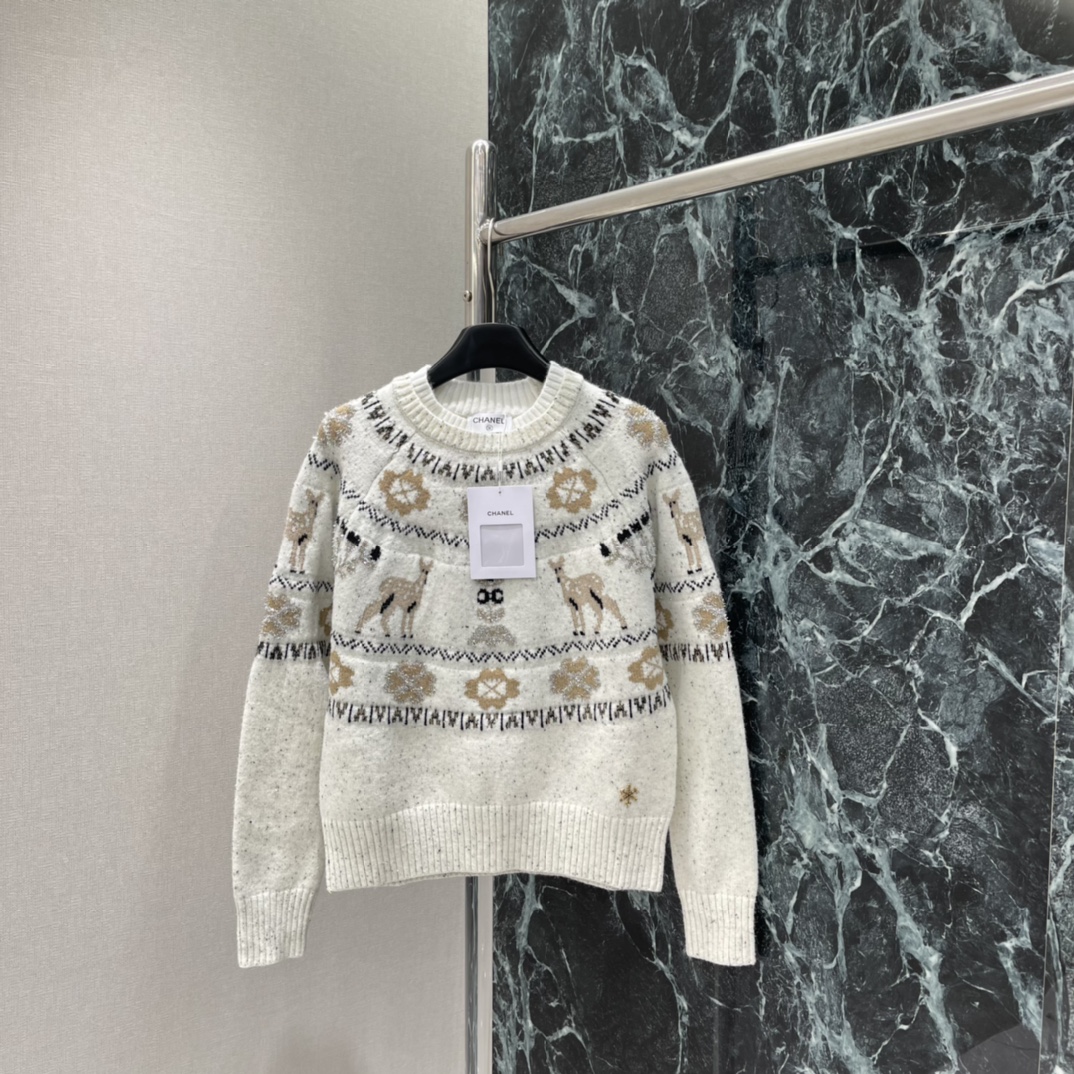 小香 25秋冬新款 麋鹿提花毛衣 米白纱线混入闪亮纤维 光线下bling bling超梦幻 棕白麋鹿 雪