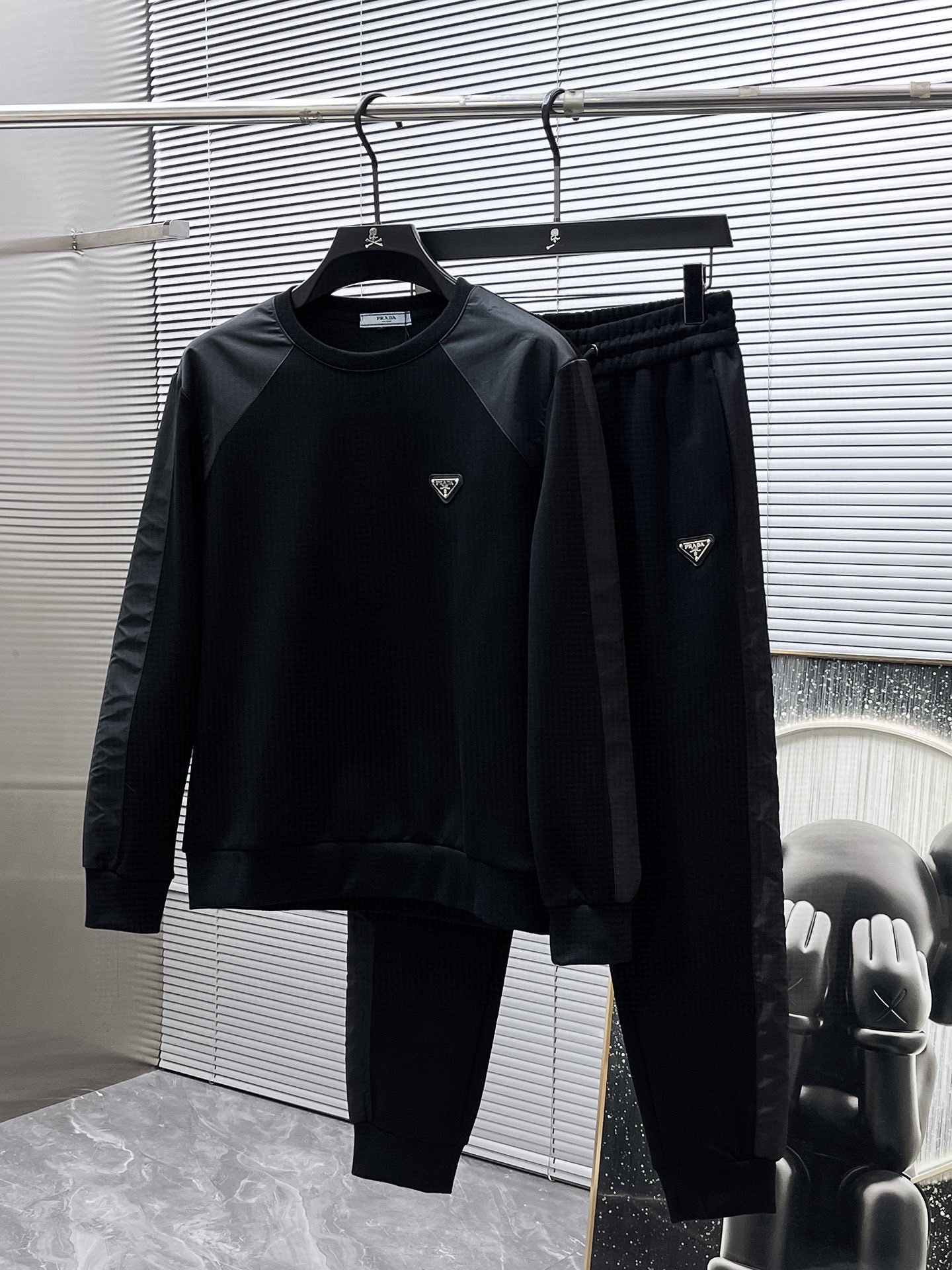 Prada 2025 Black Cotton Blend Tracksuit, Round Neck Sweatshirt Set