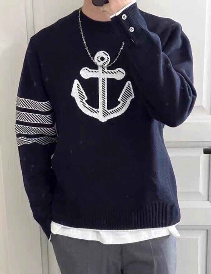 THOM BROWNE 汤姆布朗 TB对版精密加厚双层提花船锚圆领毛衣 男女同款情侣款毛衣\n码数：1-