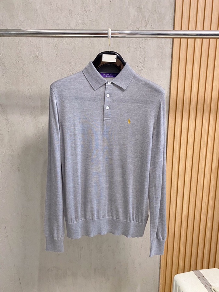 拉夫劳伦25FW秋冬新款桑蚕丝羊毛混纺纯色针织翻领毛衣，男士一粒扣设计基础休闲套头毛衣针织衫！贸易公司渠