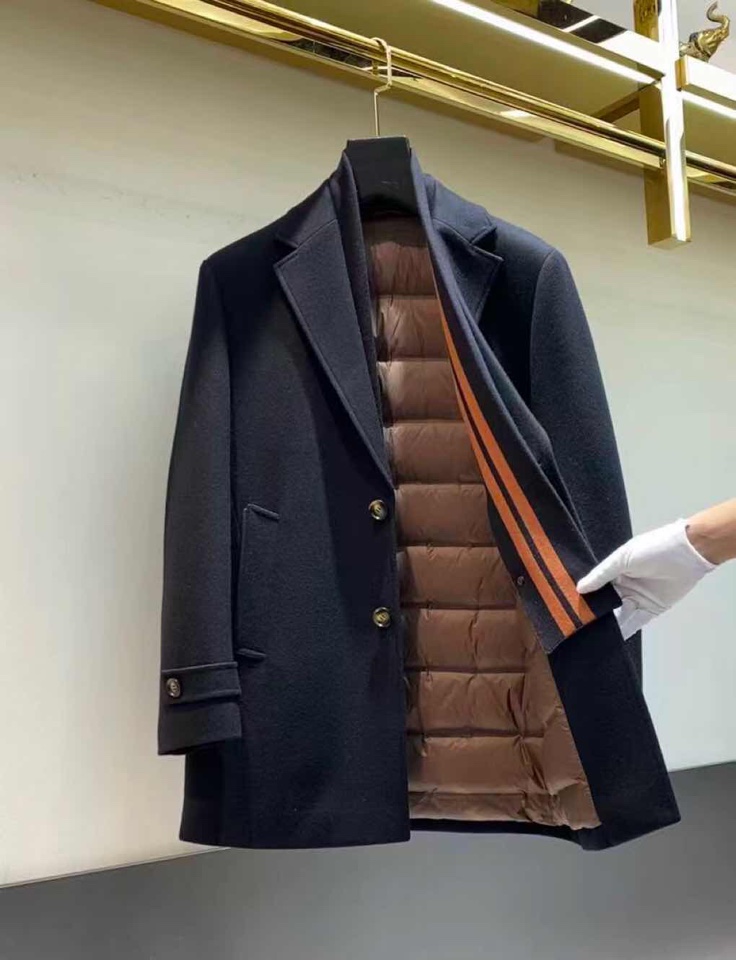 Ermenegildo Zegna 杰尼亚黑 /藏青色中长款羽绒服大衣外套，可卸围巾领 羊毛大衣 羽绒服