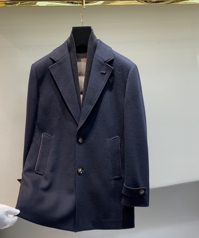 Ermenegildo Zegna 杰尼亚黑 /藏青色中长款羽绒服大衣外套，可卸围巾领 羊毛大衣 羽绒服