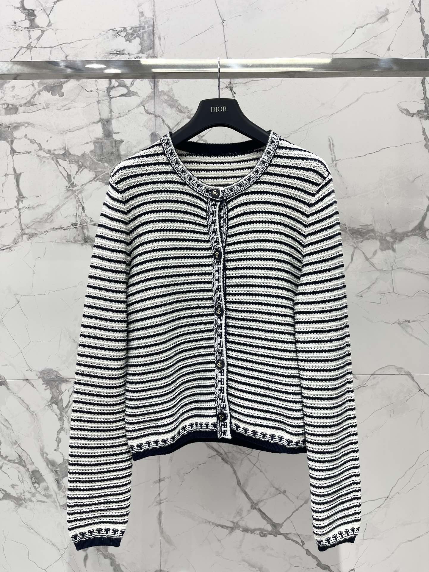 Dior Navy Blue and White Cotton Cardigan with Anchor Buttons – Elegant & Chic