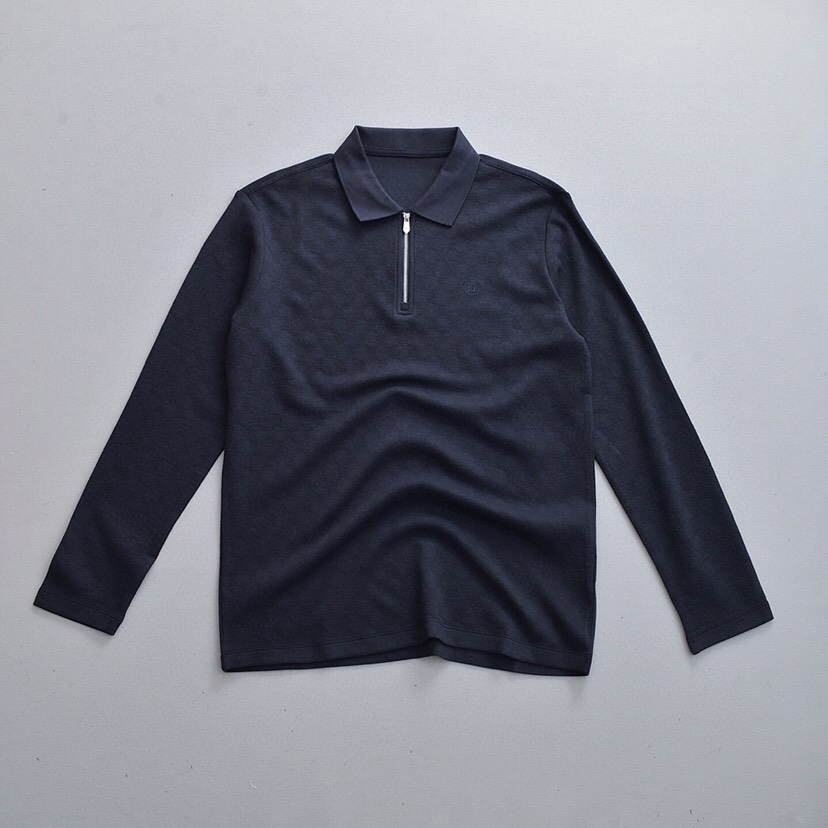 HERMES 爱马仕刺绣拉链莫代尔羊毛提花混纺翻领长袖T恤Polo衫 \n颜色：黑色、藏青、铁灰、咖啡 