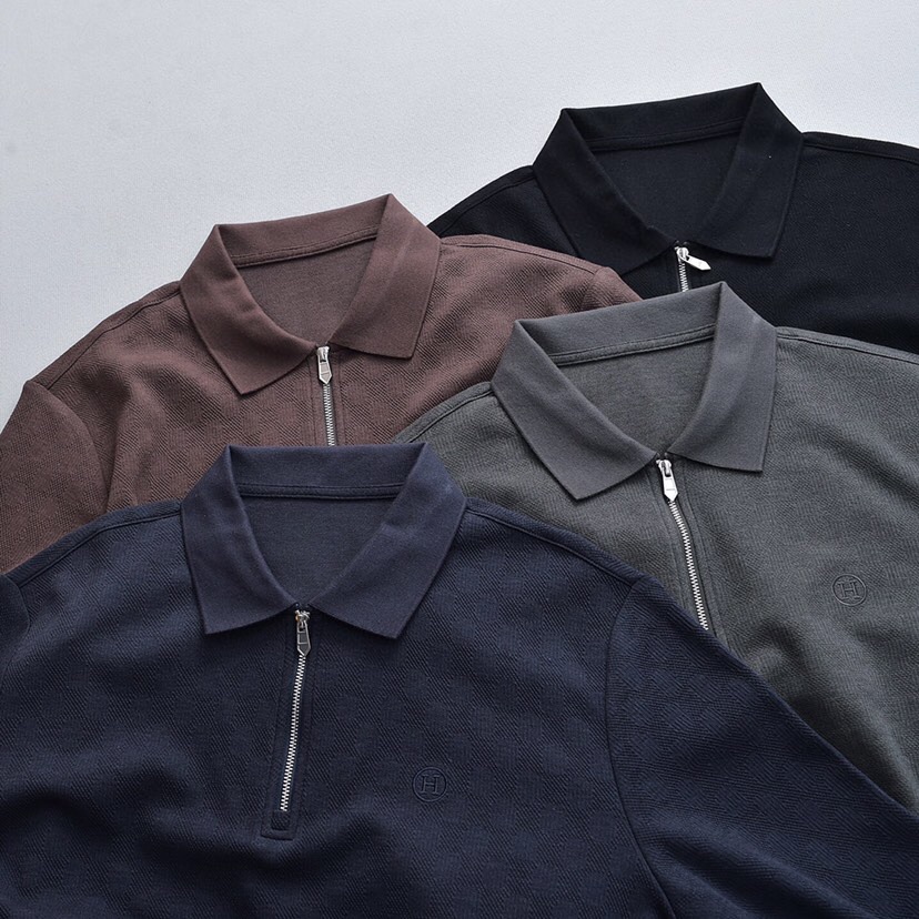 HERMES 爱马仕刺绣拉链莫代尔羊毛提花混纺翻领长袖T恤Polo衫 \n颜色：黑色、藏青、铁灰、咖啡 