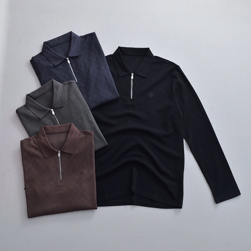 HERMES 爱马仕刺绣拉链莫代尔羊毛提花混纺翻领长袖T恤Polo衫 \n颜色：黑色、藏青、铁灰、咖啡 