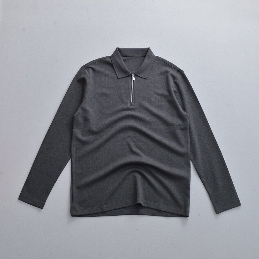 HERMES 爱马仕刺绣拉链莫代尔羊毛提花混纺翻领长袖T恤Polo衫 \n颜色：黑色、藏青、铁灰、咖啡 