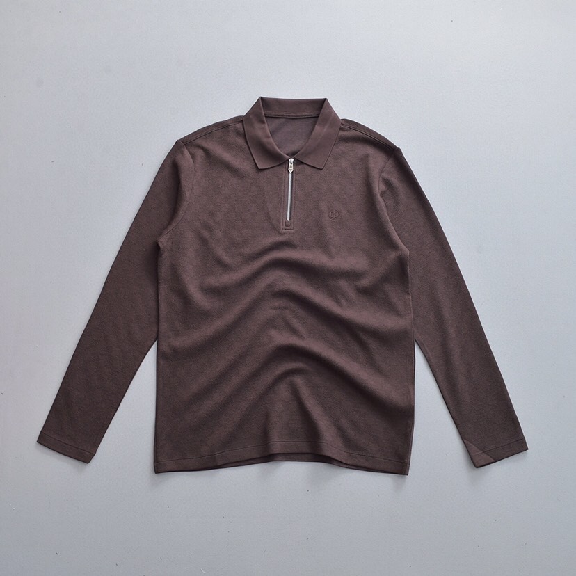 HERMES 爱马仕刺绣拉链莫代尔羊毛提花混纺翻领长袖T恤Polo衫 \n颜色：黑色、藏青、铁灰、咖啡 