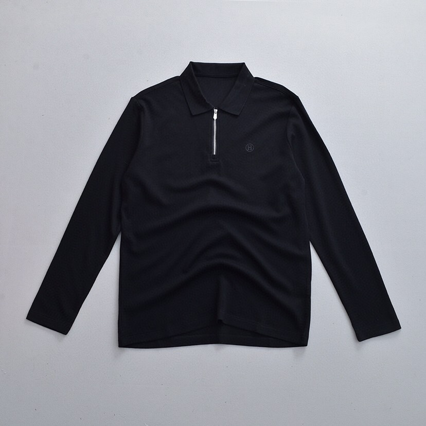HERMES 爱马仕刺绣拉链莫代尔羊毛提花混纺翻领长袖T恤Polo衫 \n颜色：黑色、藏青、铁灰、咖啡 