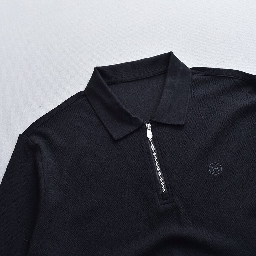 HERMES 爱马仕刺绣拉链莫代尔羊毛提花混纺翻领长袖T恤Polo衫 \n颜色：黑色、藏青、铁灰、咖啡 
