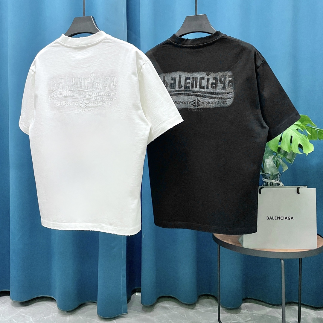 P120 (Versión alta, con proceso de lavado y desgaste🔥) Camiseta de manga corta de Balenciaga con logo bordado en 3D. U…