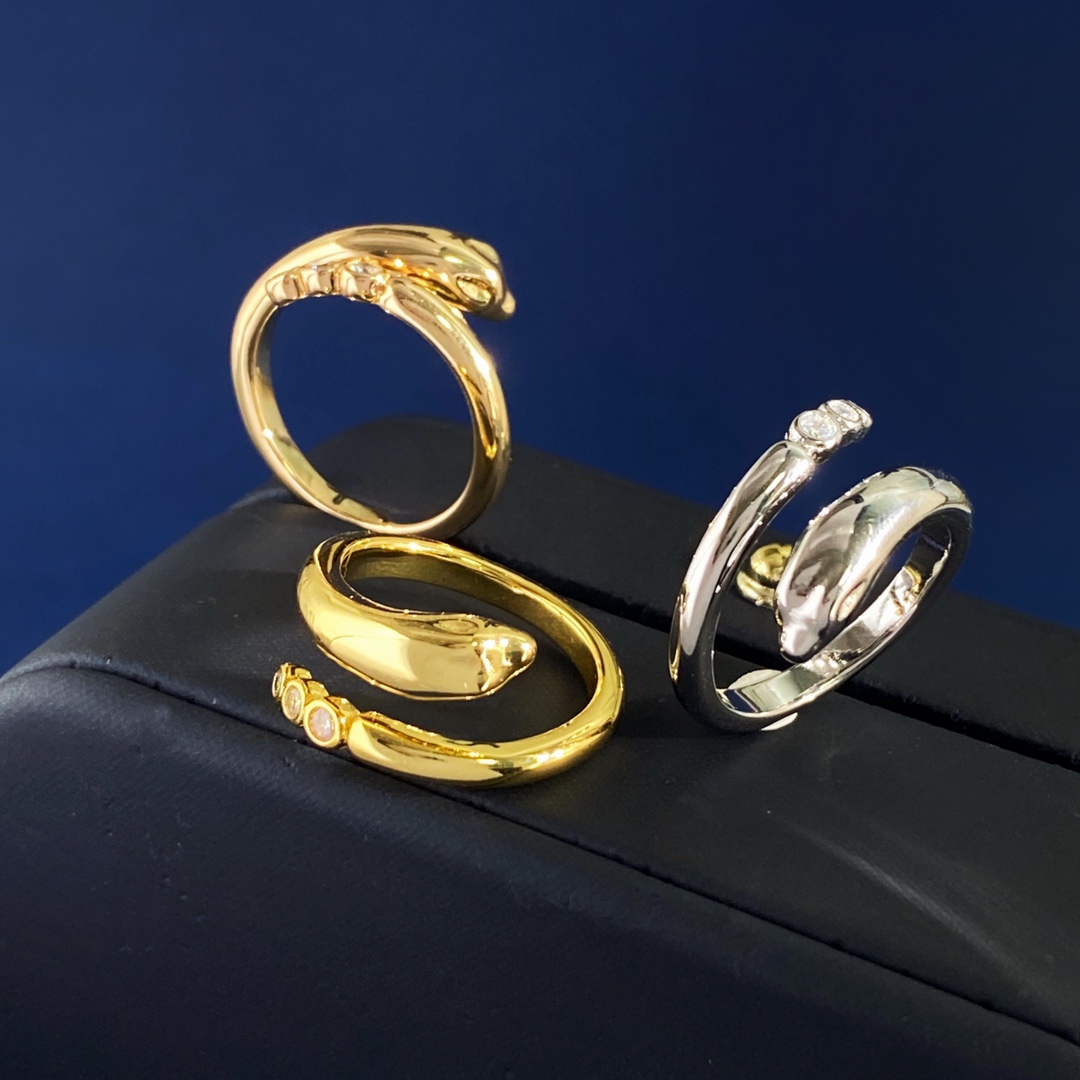 Tiffany & Co. Tiffany蒂芙尼TFN 新款潮流个性snake蛇形尾部镶三颗大小渐变圆钻开口戒指 黄铜材质 金银玫3个色 重约4