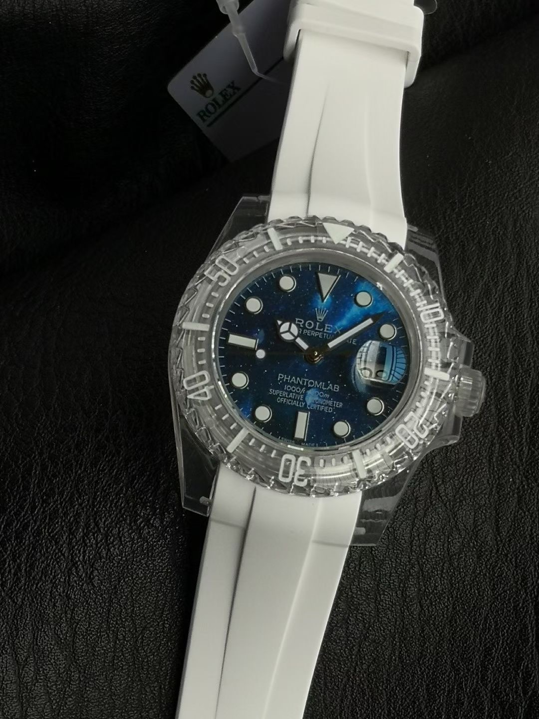 Rolex Phantomlab Sapphire Series Submariner Date clear sapphire case and bezel, blue dial, white rubber strap 40mm Men's Automatic