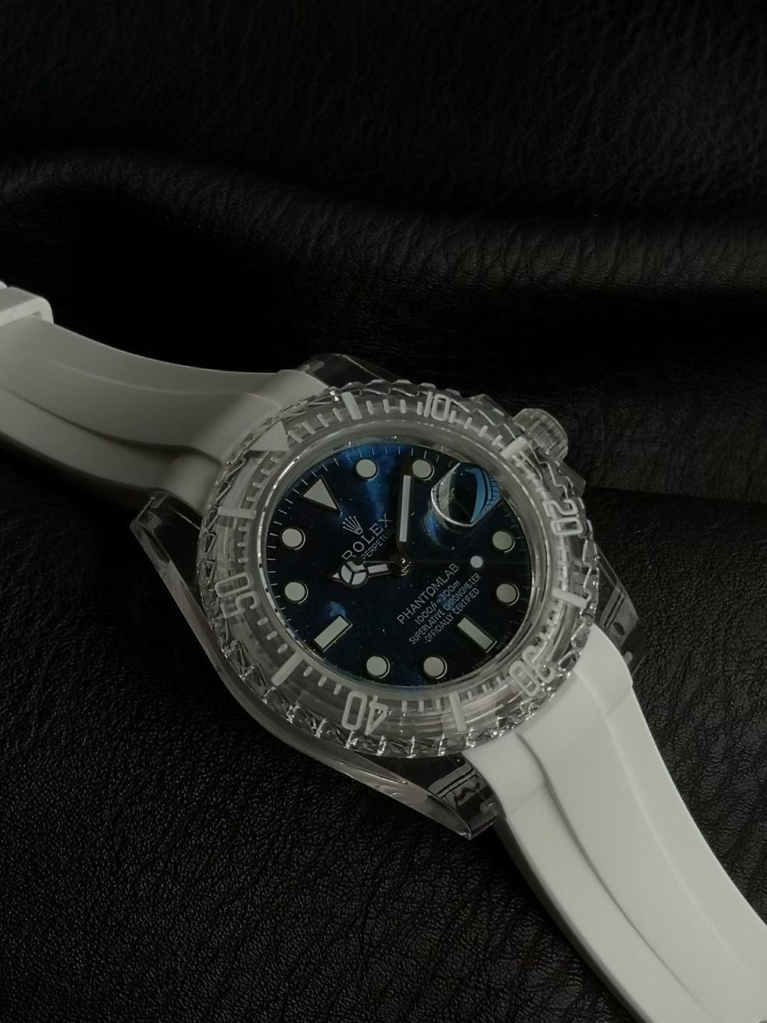 Rolex Phantomlab Sapphire Series Submariner Date clear sapphire case and bezel, blue dial, white rubber strap 40mm Men's Automatic