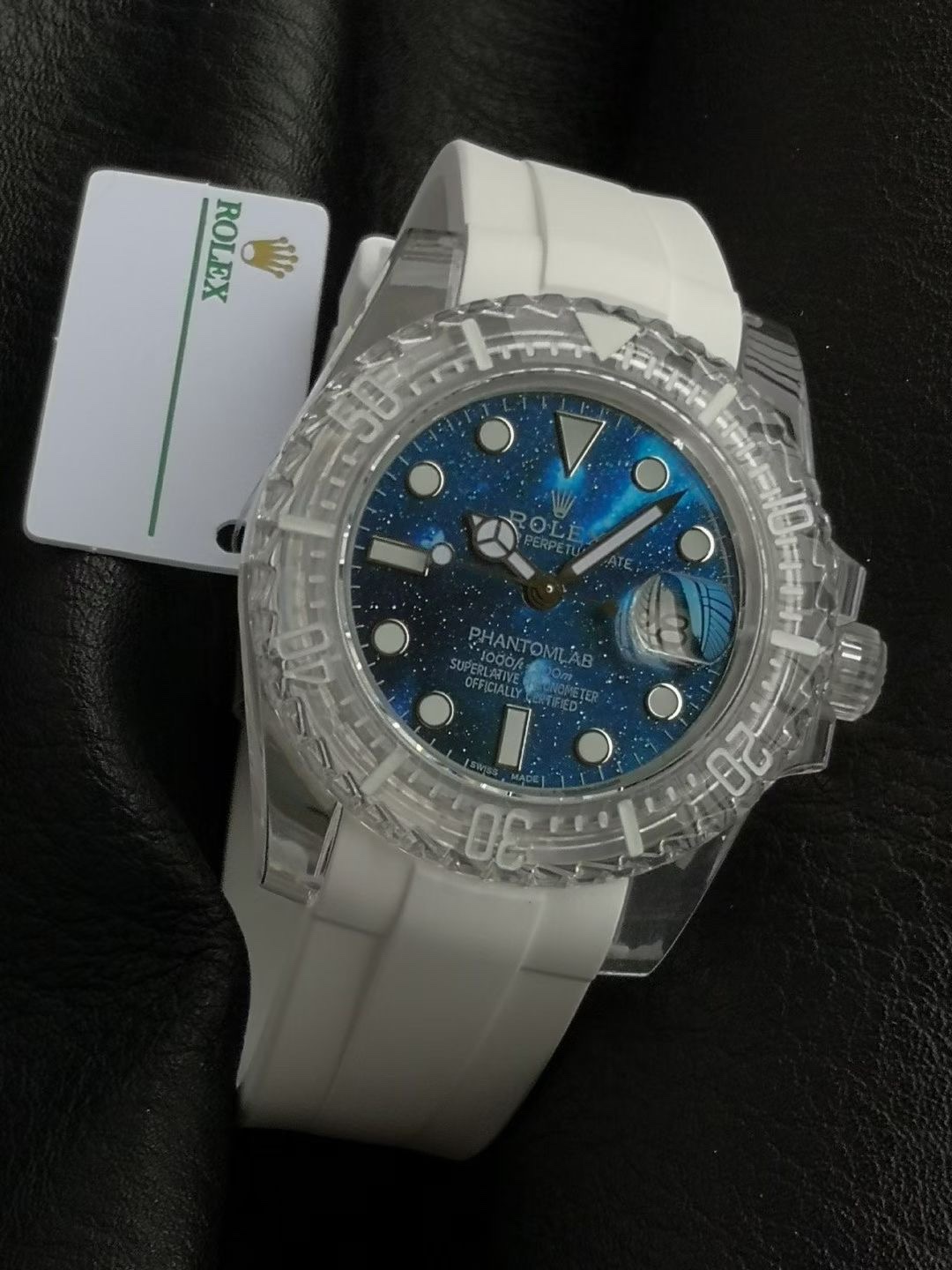 Rolex Phantomlab Sapphire Series Submariner Date clear sapphire case and bezel, blue dial, white rubber strap 40mm Men's Automatic