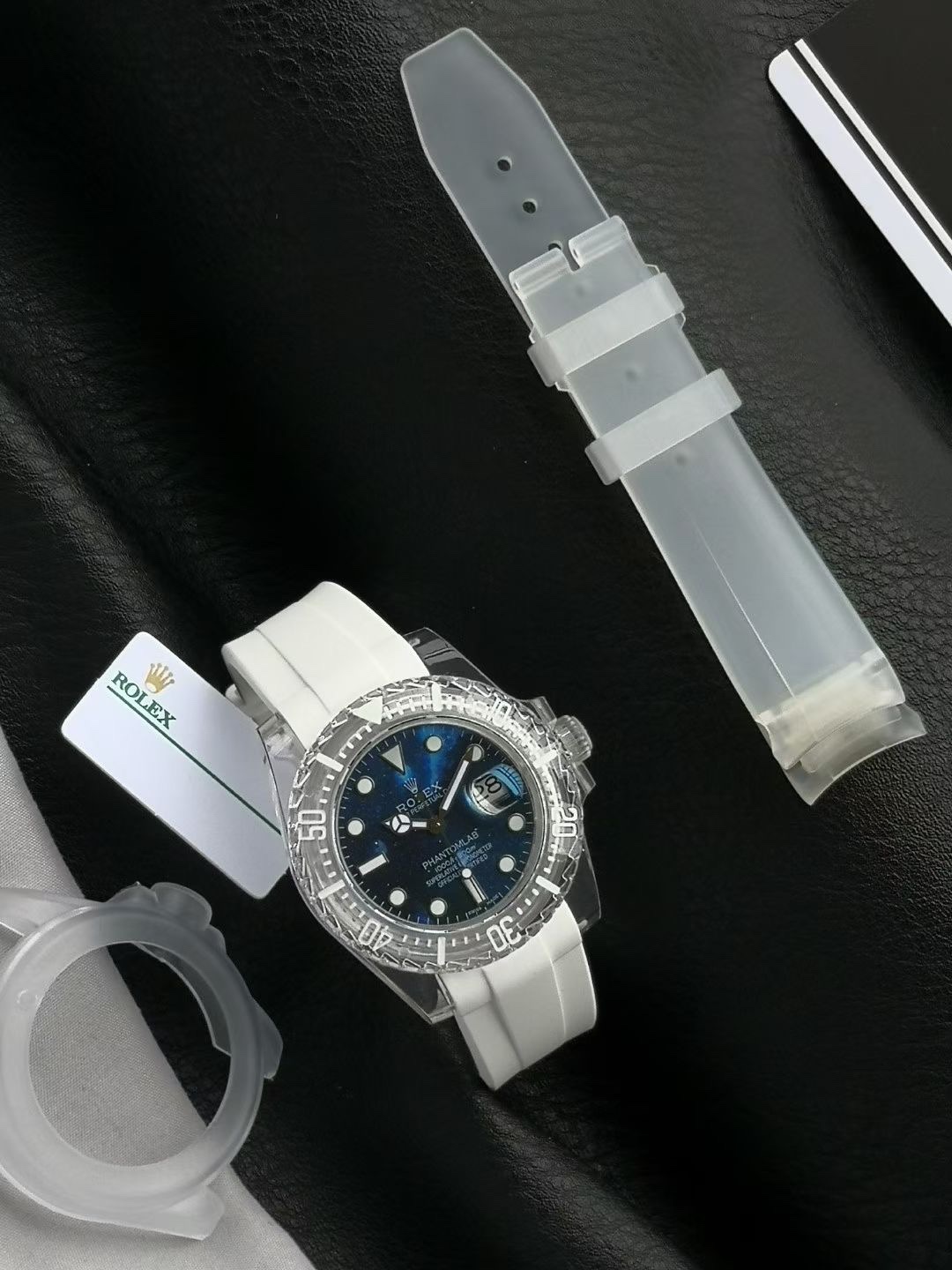 Rolex Phantomlab Sapphire Series Submariner Date clear sapphire case and bezel, blue dial, white rubber strap 40mm Men's Automatic