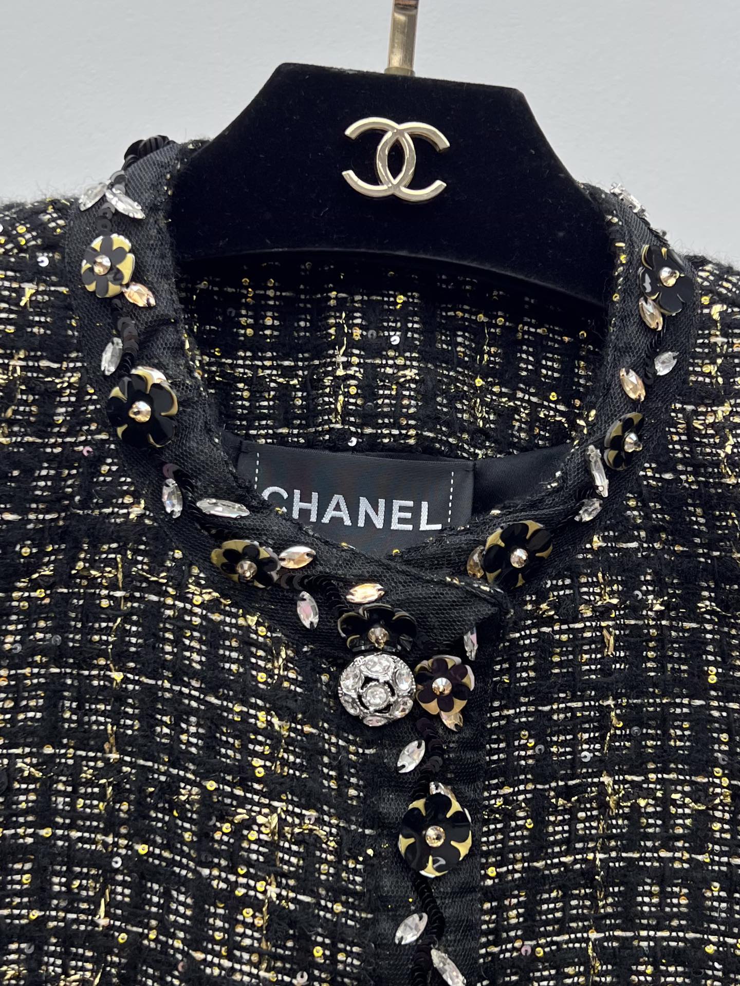 Chanel Black Gold Tweed Belt Coat + Bow Shorts