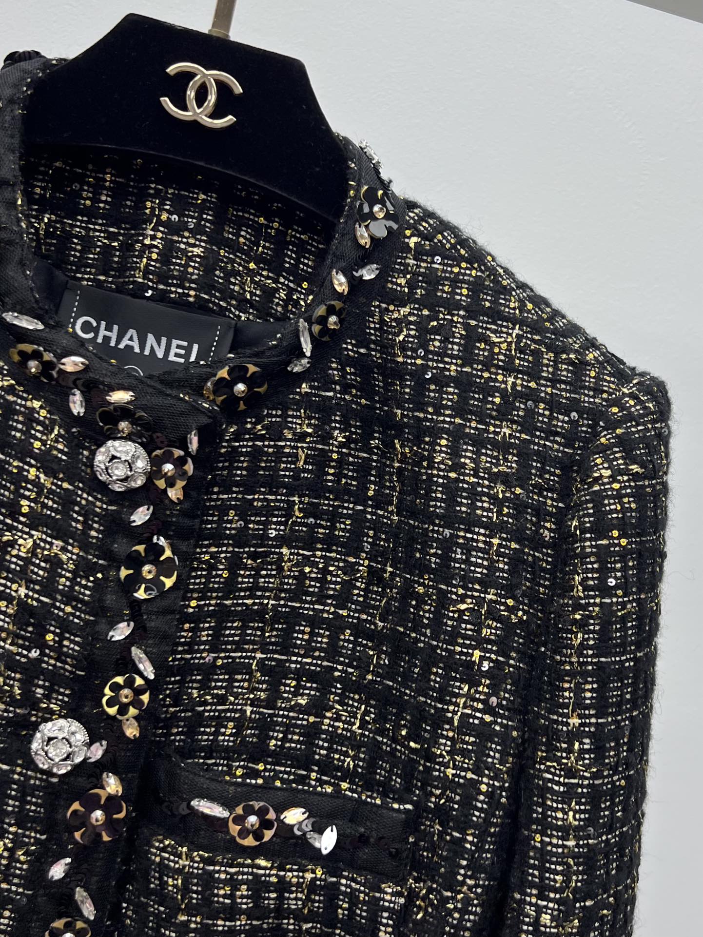 Chanel Black Gold Tweed Belt Coat + Bow Shorts