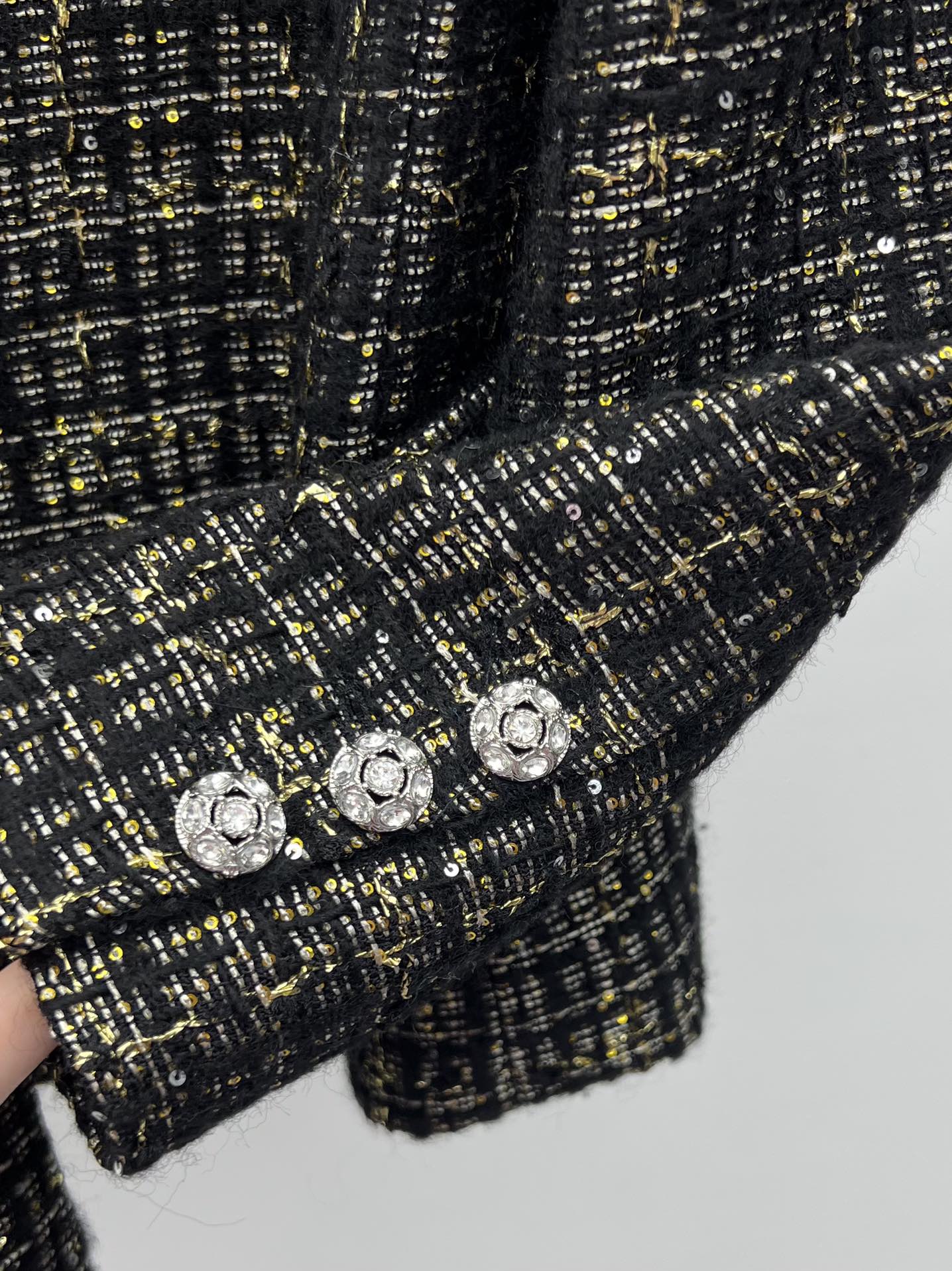 Chanel Black Gold Tweed Belt Coat + Bow Shorts