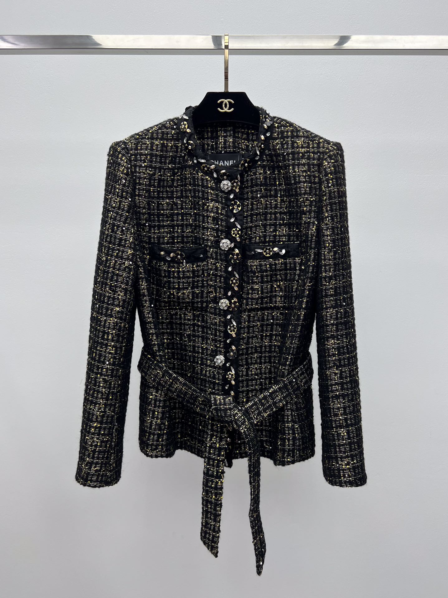 Chanel Black Gold Tweed Belt Coat + Bow Shorts
