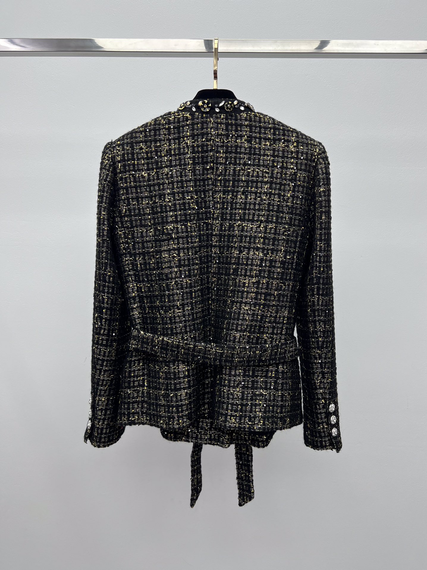 Chanel Black Gold Tweed Belt Coat + Bow Shorts