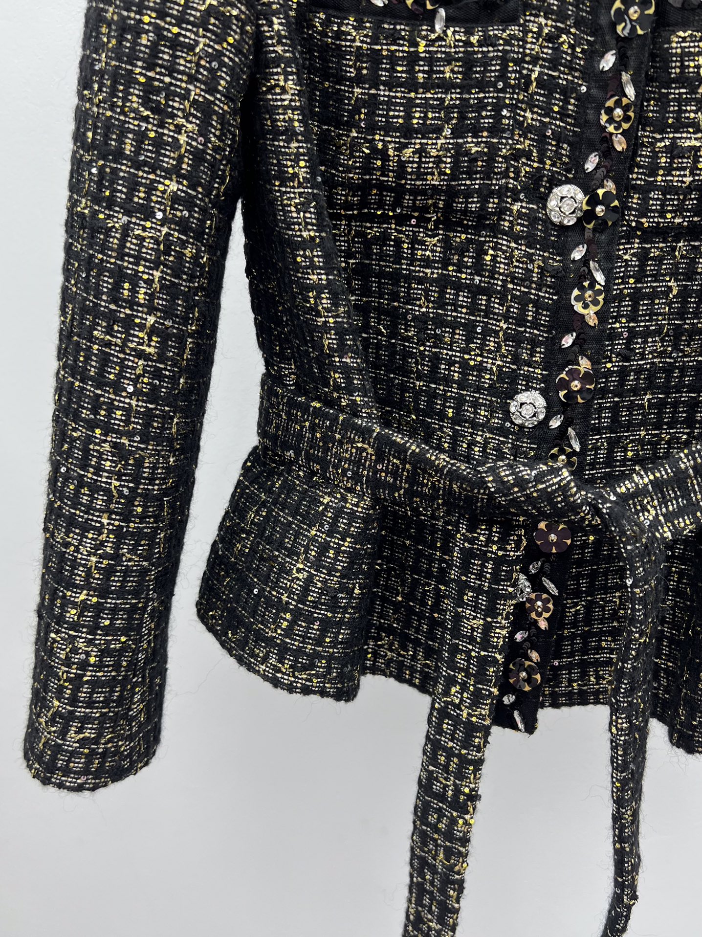 Chanel Black Gold Tweed Belt Coat + Bow Shorts