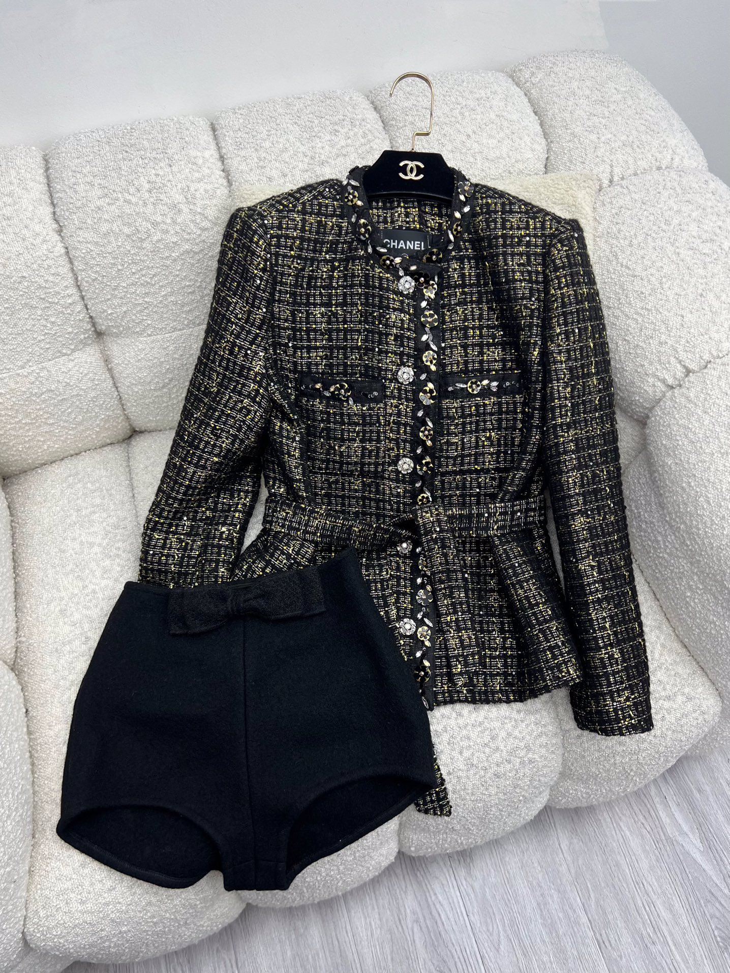 Chanel Black Gold Tweed Belt Coat + Bow Shorts