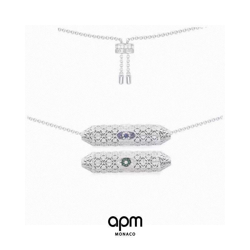 aPm monaco对称御邪之眼可调节项链银白色，手工微镶白色微镶白色氧化锆石，绿色和蓝色纳米技石。特别