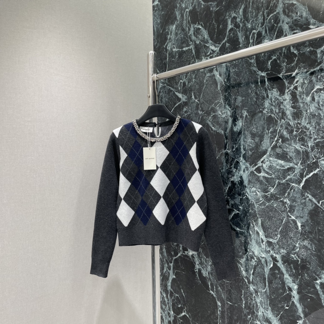 Self-Portrait Diamond Knit Sweater – Gray Blend with Rhinestone Accents