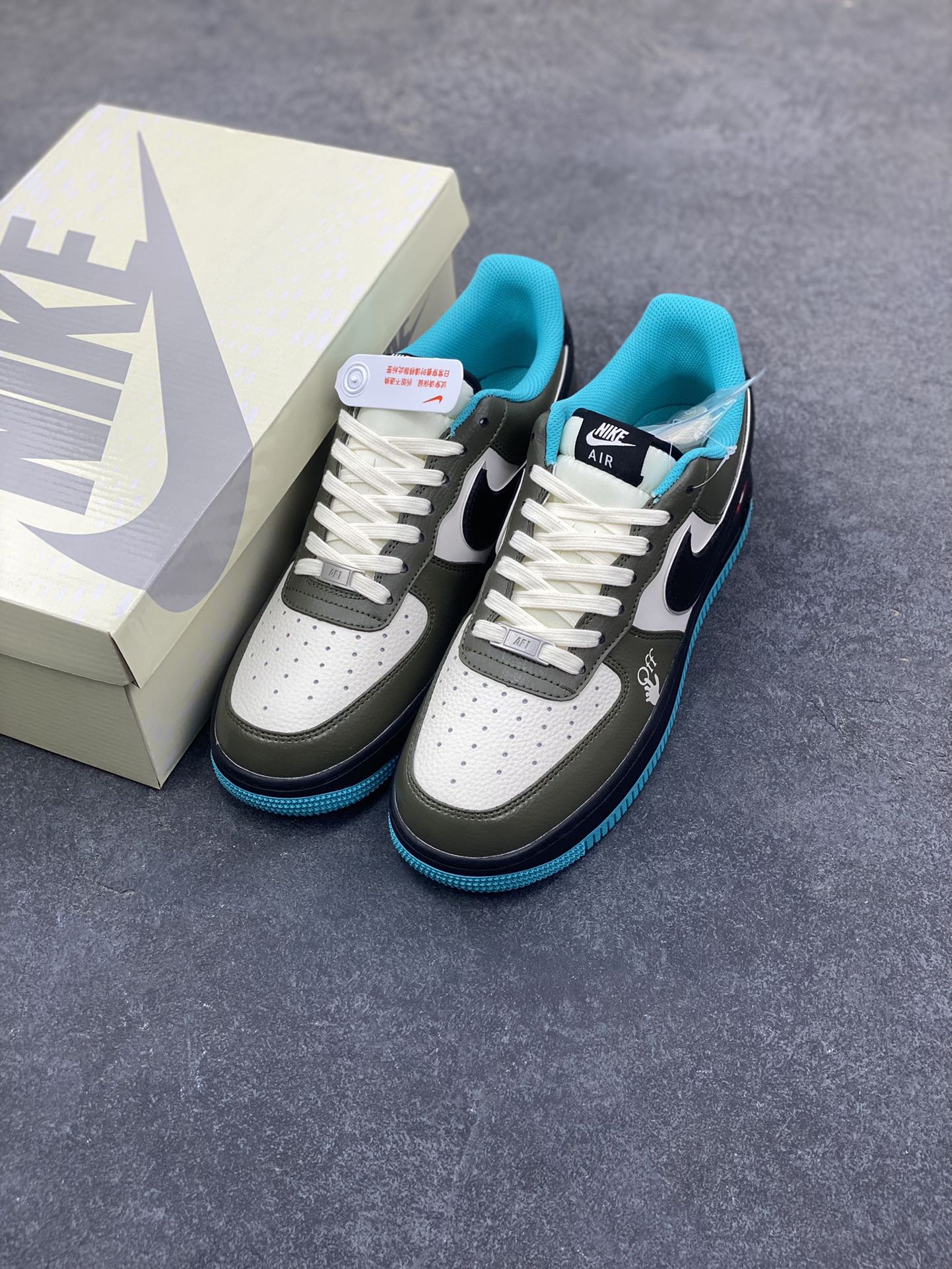 图片[8]-Nike Air Force 1 ‘07 Low “OFF-WHITE联名——双拼黑绿蓝”空军一号 低帮 运动鞋 休闲鞋 折边针车 工艺难度大 原楦头原纸板 原装鞋盒 定制五金配件 内置全掌气垫 原厂鞋底 货号：QW5836-022 尺码：36 36.5 37.5 38 38.5 39 40 40.5 41 42 42.5 43 44 44.5 45-选品中心