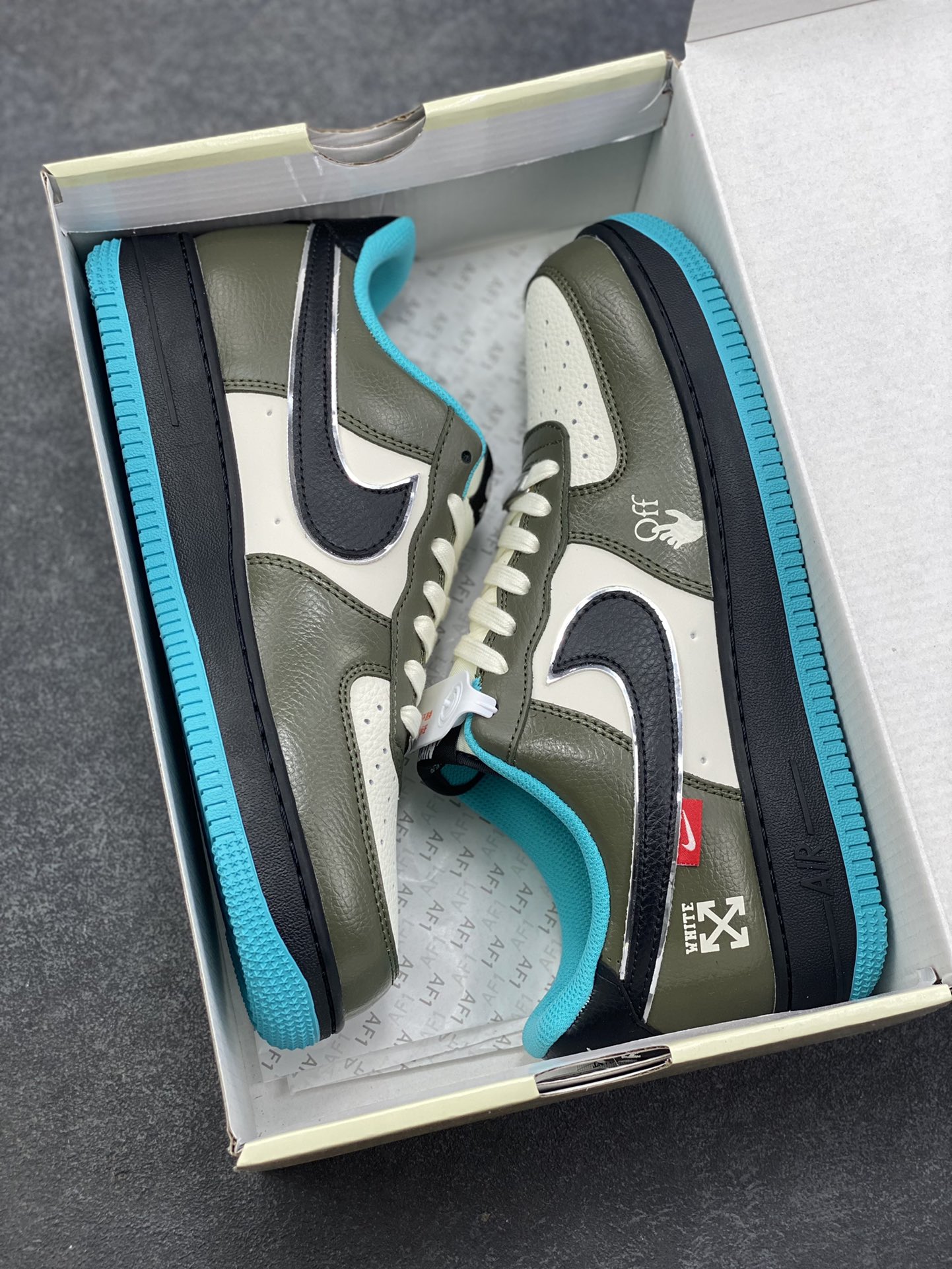 图片[9]-Nike Air Force 1 ‘07 Low “OFF-WHITE联名——双拼黑绿蓝”空军一号 低帮 运动鞋 休闲鞋 折边针车 工艺难度大 原楦头原纸板 原装鞋盒 定制五金配件 内置全掌气垫 原厂鞋底 货号：QW5836-022 尺码：36 36.5 37.5 38 38.5 39 40 40.5 41 42 42.5 43 44 44.5 45-选品中心