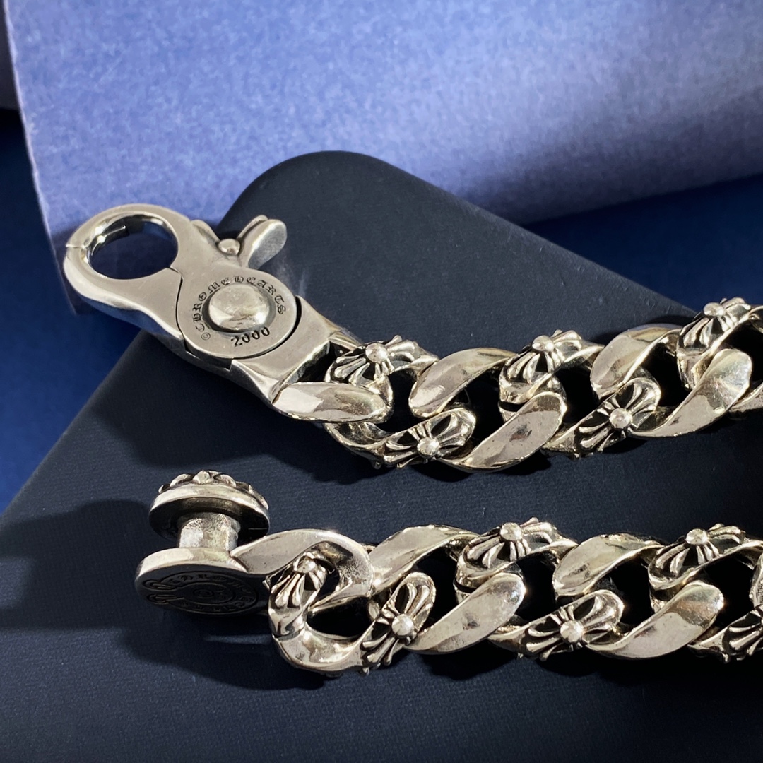 KL92 Chrome Hearts克罗心美式复古朋克时尚龙虾扣十字军花十字架元素粗款古巴链雕刻花纹手链