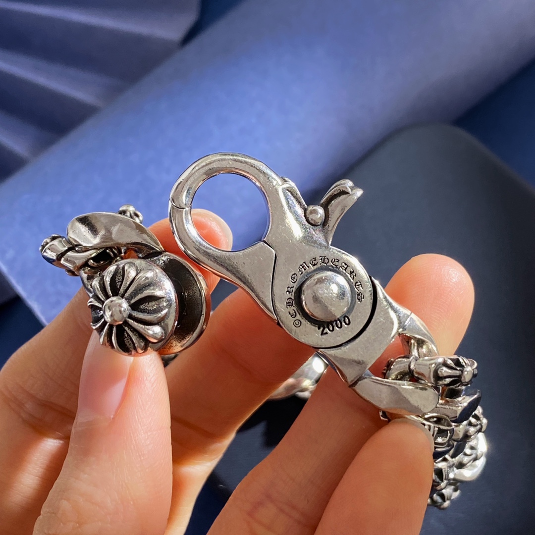 KL92 Chrome Hearts克罗心美式复古朋克时尚龙虾扣十字军花十字架元素粗款古巴链雕刻花纹手链