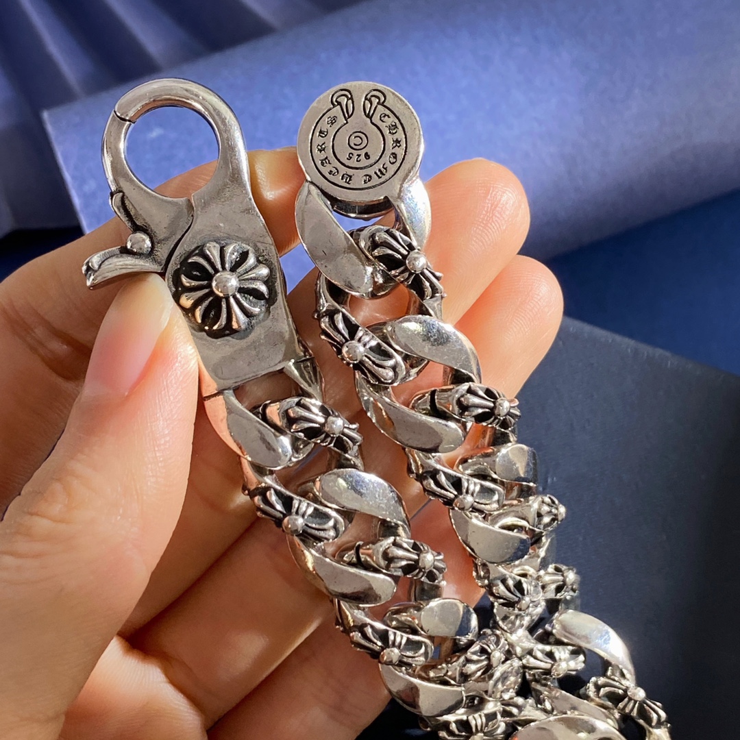 KL92 Chrome Hearts克罗心美式复古朋克时尚龙虾扣十字军花十字架元素粗款古巴链雕刻花纹手链