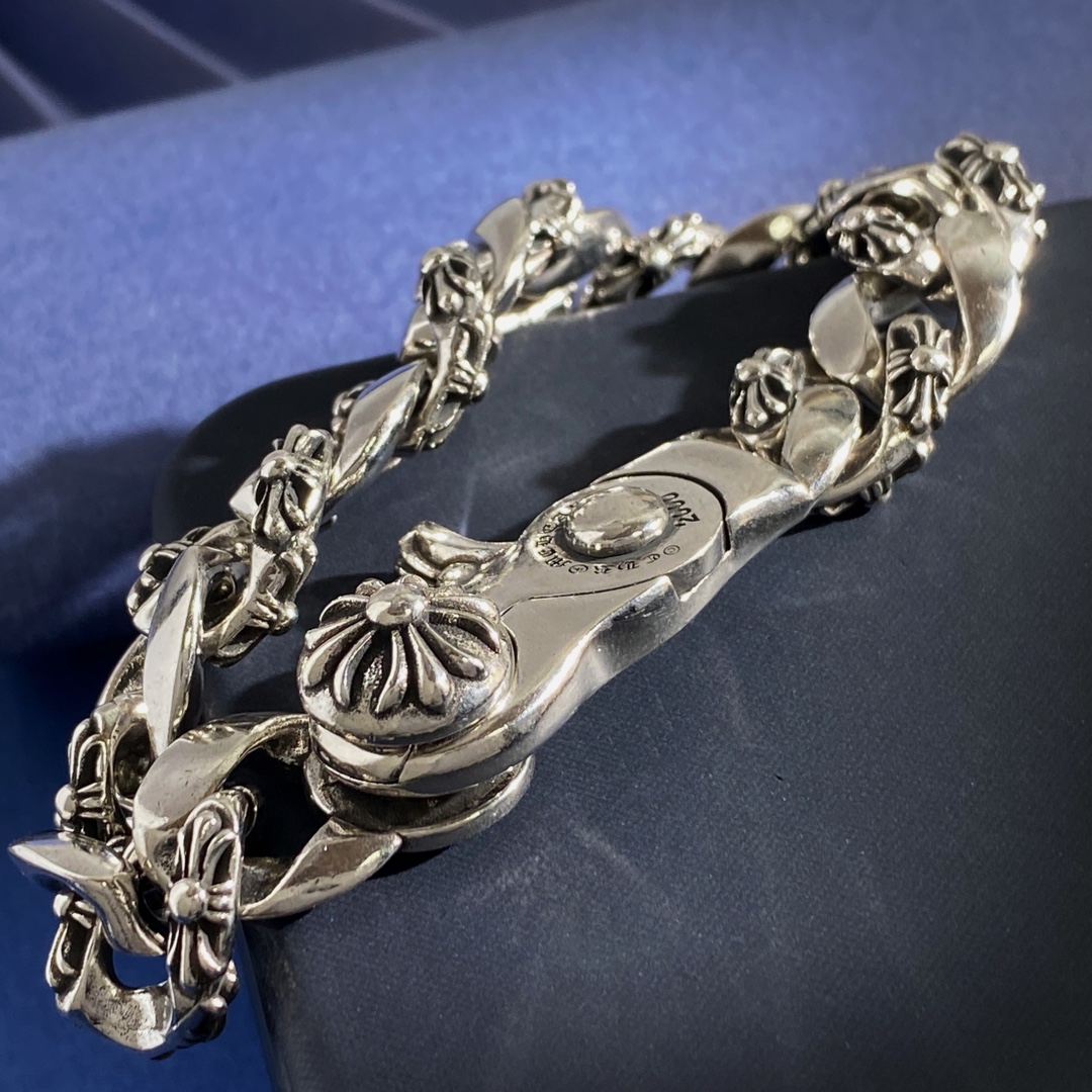 KL92 Chrome Hearts克罗心美式复古朋克时尚龙虾扣十字军花十字架元素粗款古巴链雕刻花纹手链