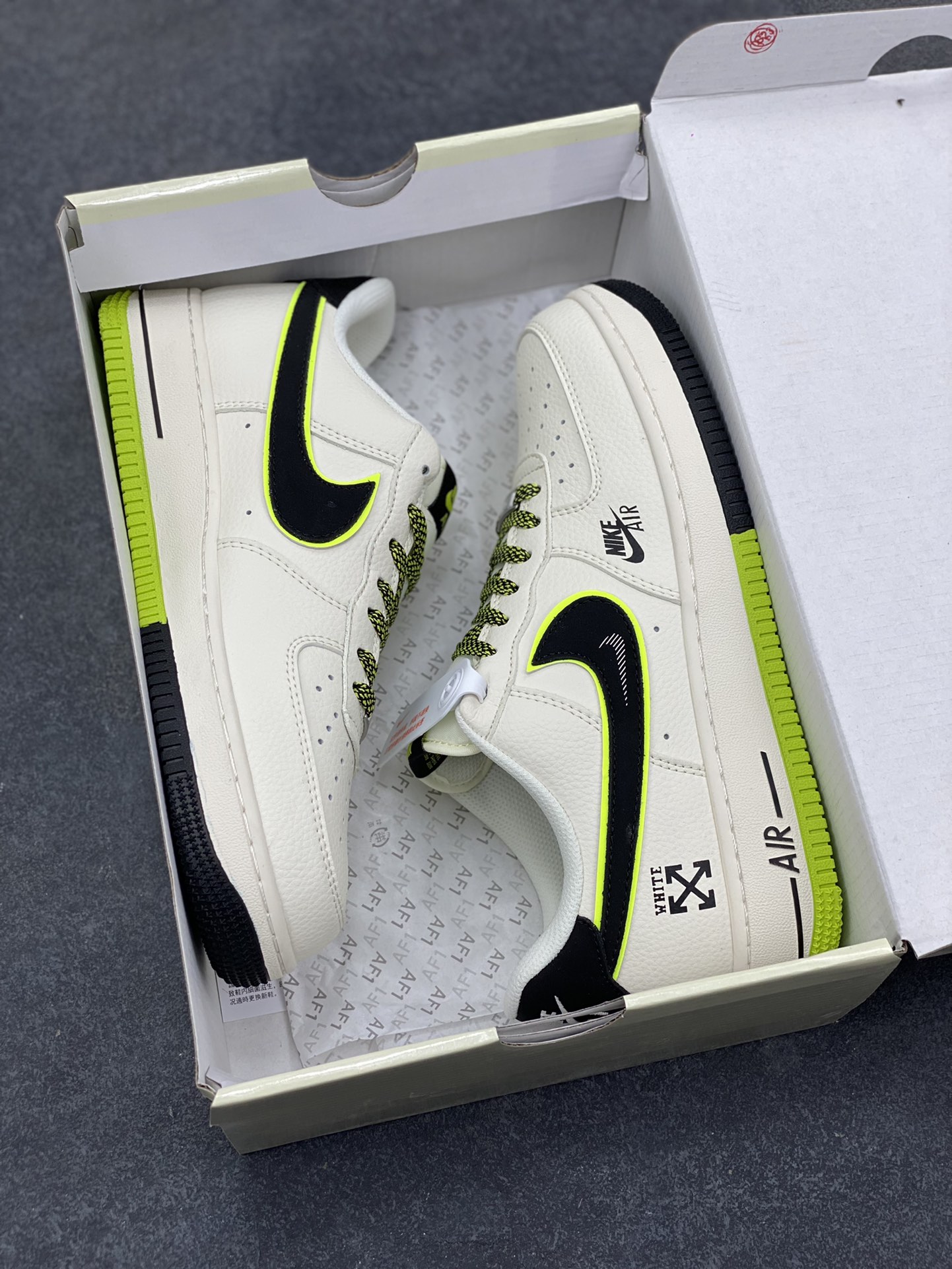 图片[9]-Nike Air Force 1 ‘07 Low “OFF-WHITE联名——双拼米黑绿”空军一号 低帮 运动鞋 休闲鞋 折边针车 工艺难度大 原楦头原纸板 原装鞋盒 定制五金配件 内置全掌气垫 原厂鞋底 货号：QW5836-023 尺码：36 36.5 37.5 38 38.5 39 40 40.5 41 42 42.5 43 44 44.5 45-选品中心