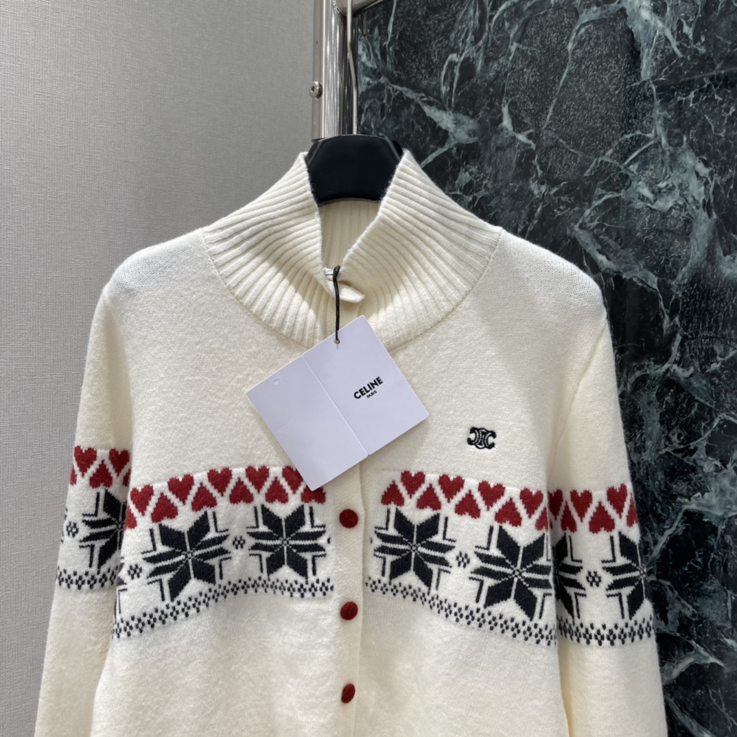 CE 25秋冬新款 费尔岛提花针织开衫 红黑撞色提花 雪花和爱心图案超有节日氛围 高领设计保暖 单排扣方