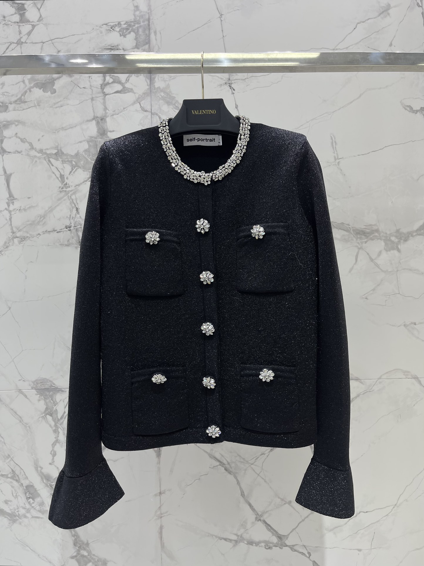 self-portrait Women 𝘀𝗲𝗹𝗳-𝗽𝗼𝗿𝘁𝗿𝗮𝗶* sp classic black diamond embellished bell sleeve knitted sweater jacket