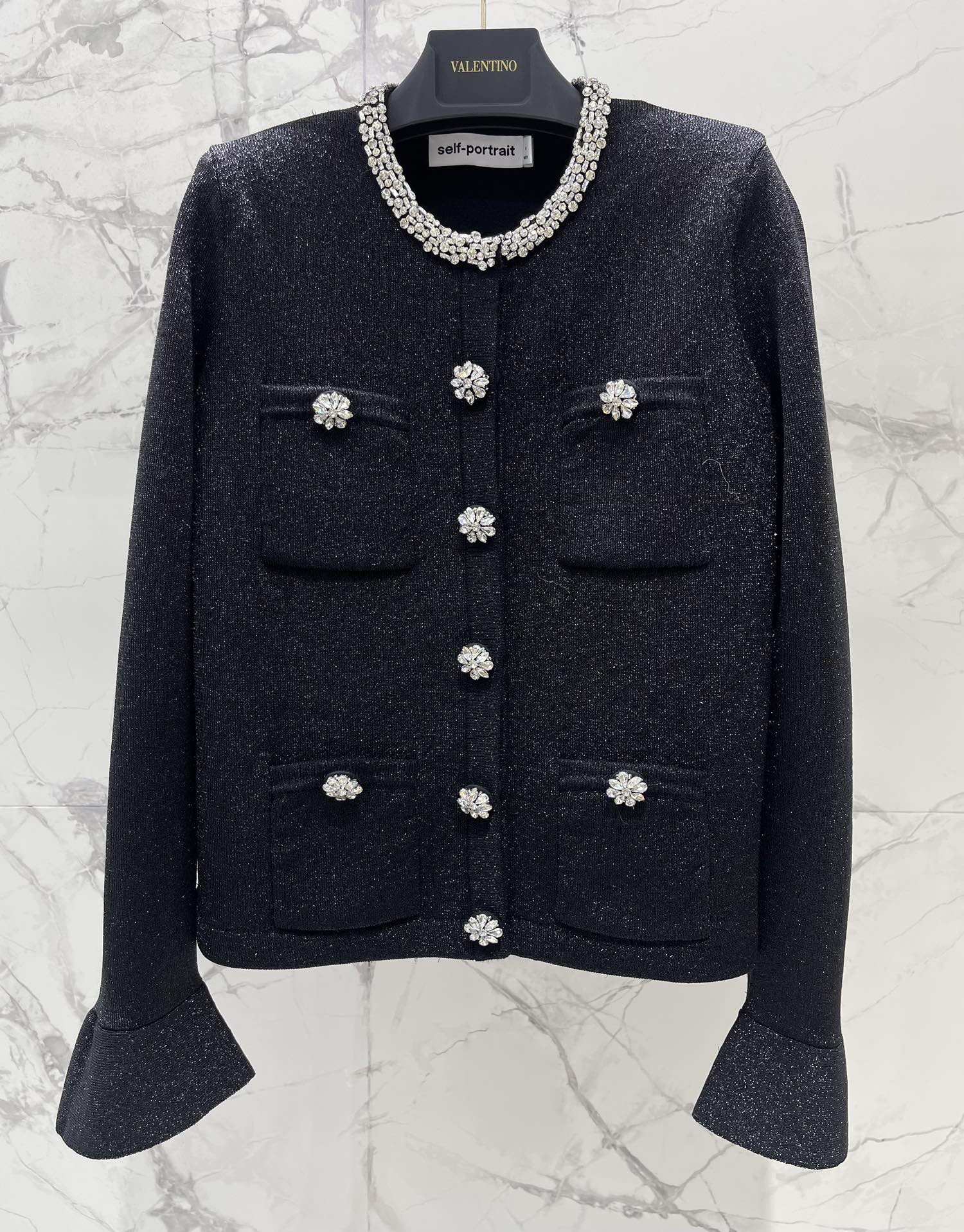 self-portrait Women 𝘀𝗲𝗹𝗳-𝗽𝗼𝗿𝘁𝗿𝗮𝗶* sp classic black diamond embellished bell sleeve knitted sweater jacket — photo 2