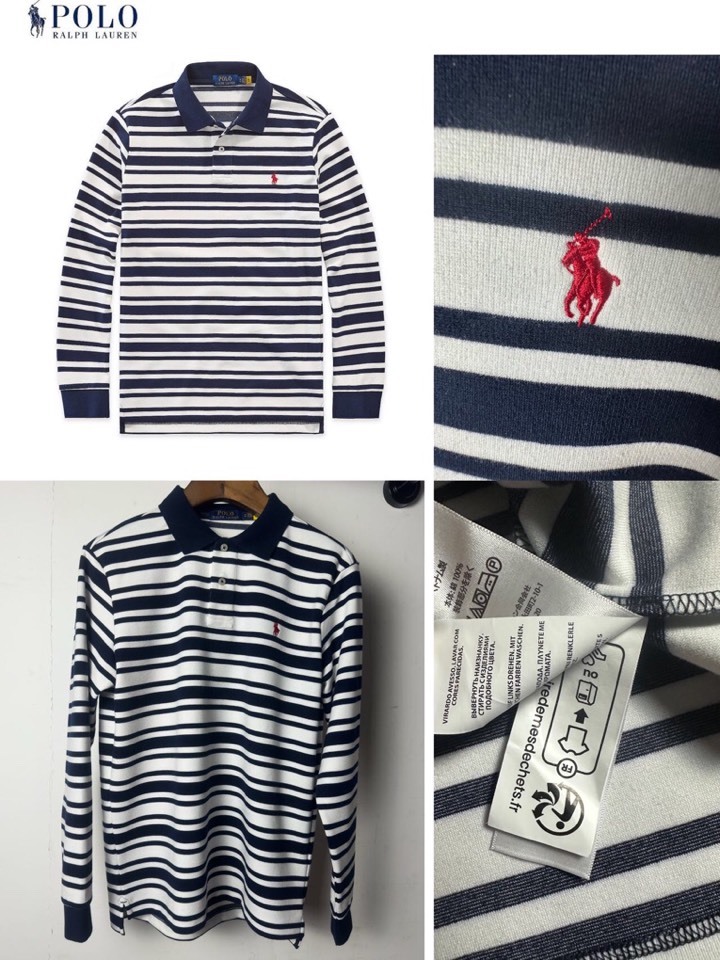 拉夫劳伦RL家蓝白间条长袖厚版翻领长袖T恤POLO衫，350克重纯棉，经典红色马球标刺绣，面料柔软舒适保