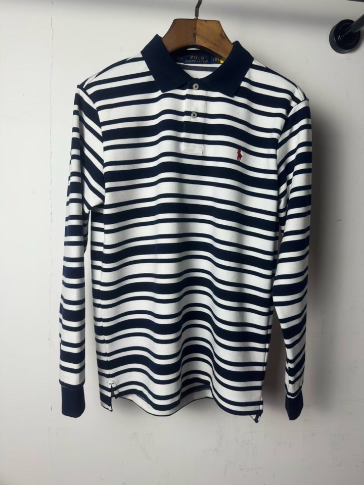 拉夫劳伦RL家蓝白间条长袖厚版翻领长袖T恤POLO衫，350克重纯棉，经典红色马球标刺绣，面料柔软舒适保