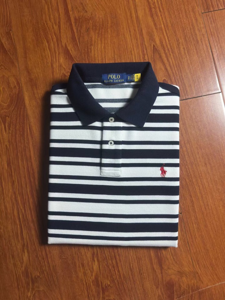 拉夫劳伦RL家蓝白间条长袖厚版翻领长袖T恤POLO衫，350克重纯棉，经典红色马球标刺绣，面料柔软舒适保