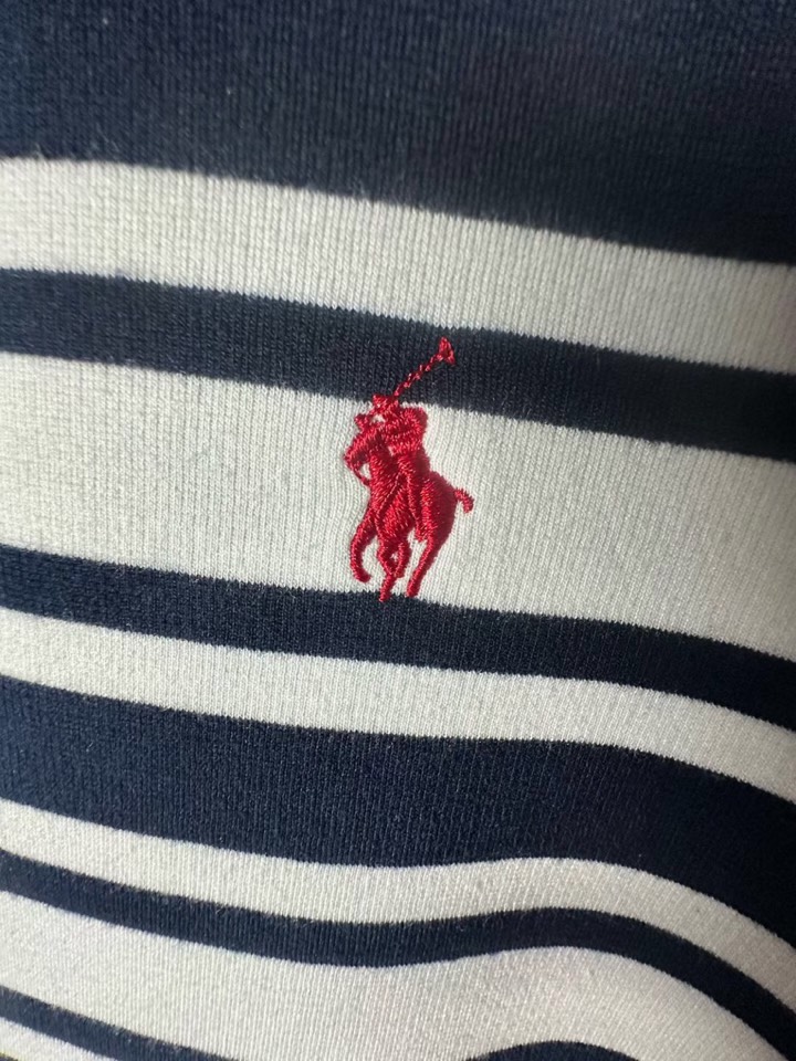 拉夫劳伦RL家蓝白间条长袖厚版翻领长袖T恤POLO衫，350克重纯棉，经典红色马球标刺绣，面料柔软舒适保