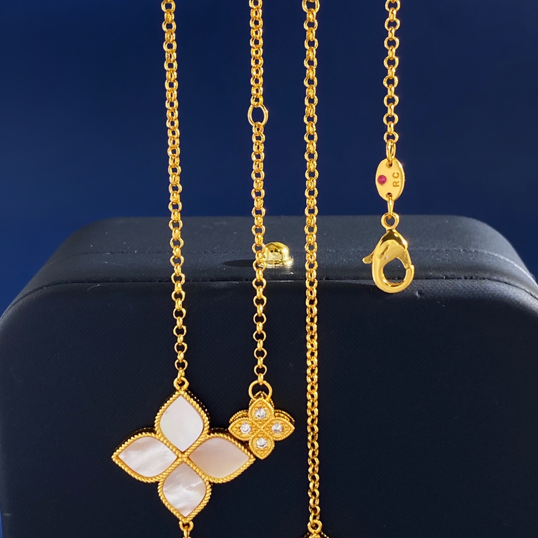 毛衣链RC80 Roberto Coin珂瑛 绸缎金属拉丝背面四瓣花白母贝四叶花双面大小10花长款项链毛