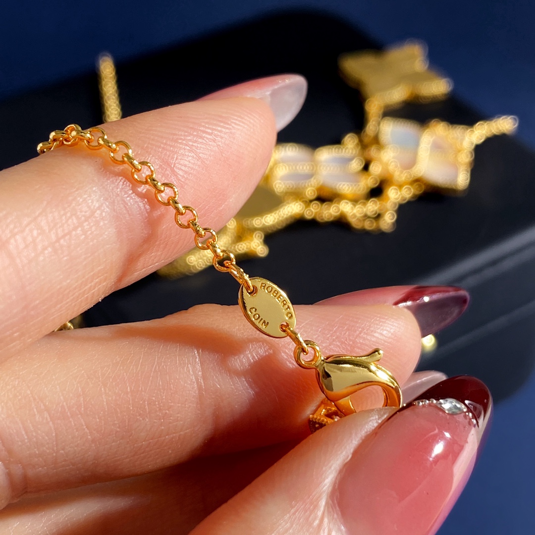 毛衣链RC80 Roberto Coin珂瑛 绸缎金属拉丝背面四瓣花白母贝四叶花双面大小10花长款项链毛